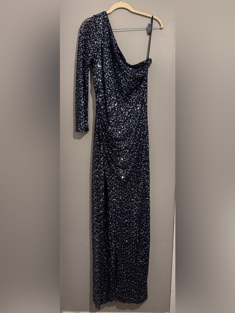 Aqua Formal Navy Sequin One Shoulder Long Sleeve Evening Dress
